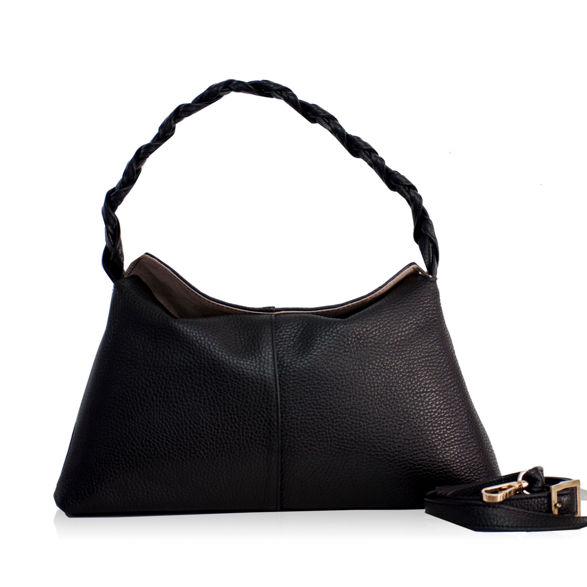 Margot Black Leather Hobo Handbag with high quality Braided Handles and Detailing