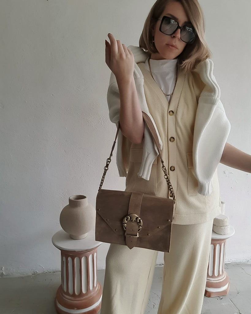 Δερμάτινη Τσάντα ώμου Briana Μόκα Καστόρι- Bonendis